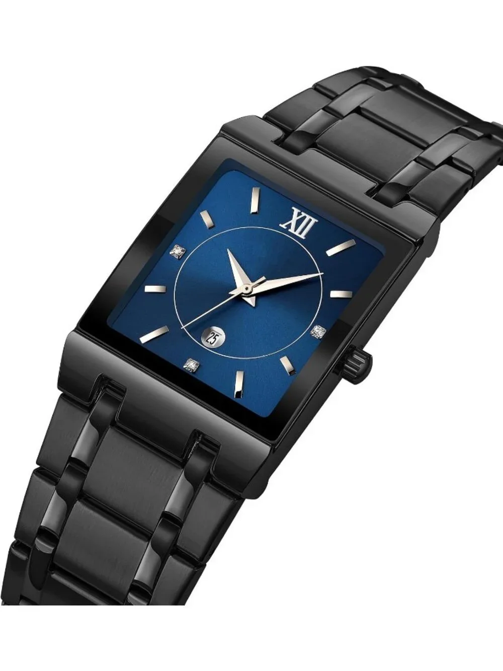 Men's Black Blue Square Dial Waterproof Analog Quartz Stainless Steel Watches